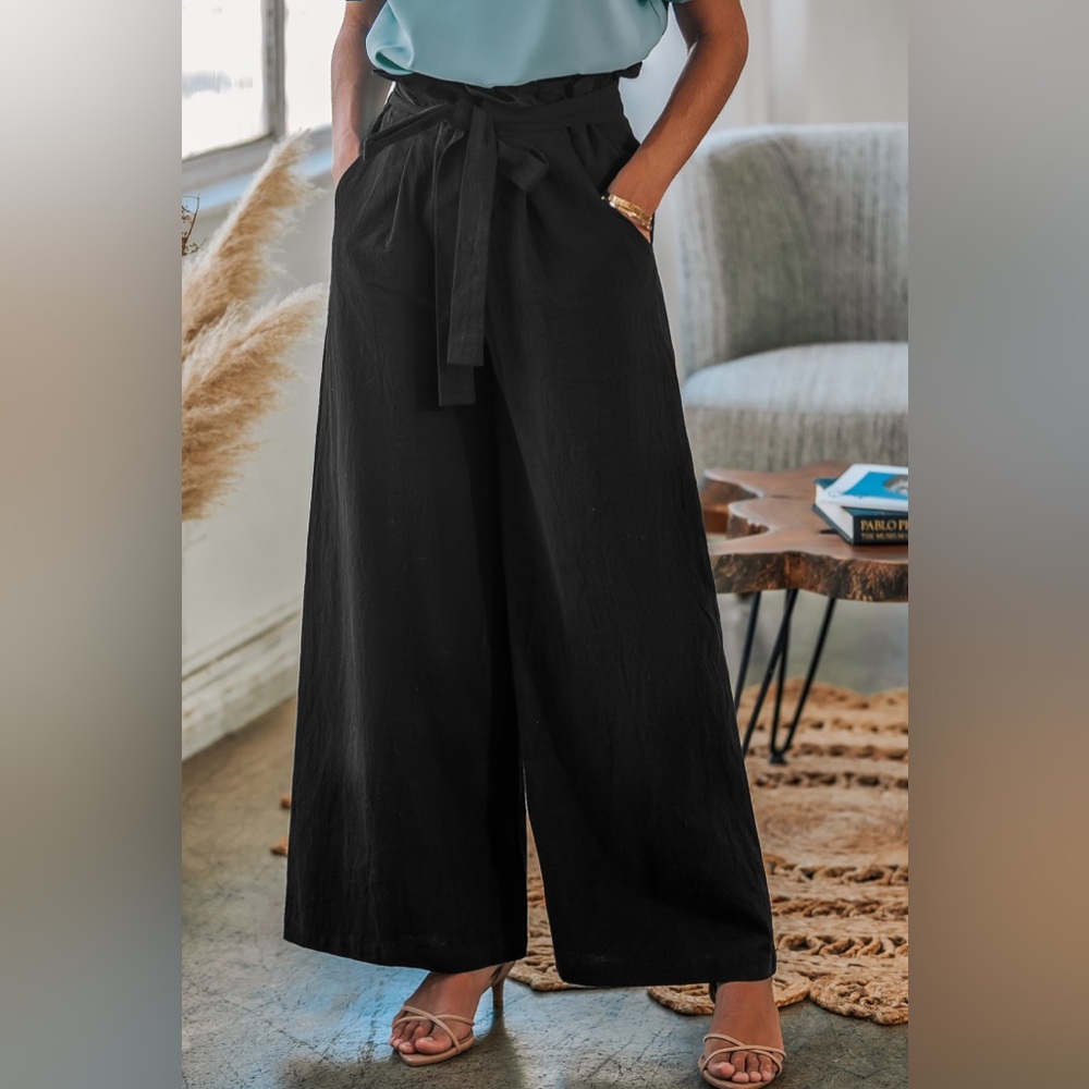 Cupshe Black High-Waist Paperbag Wide-Leg Pants